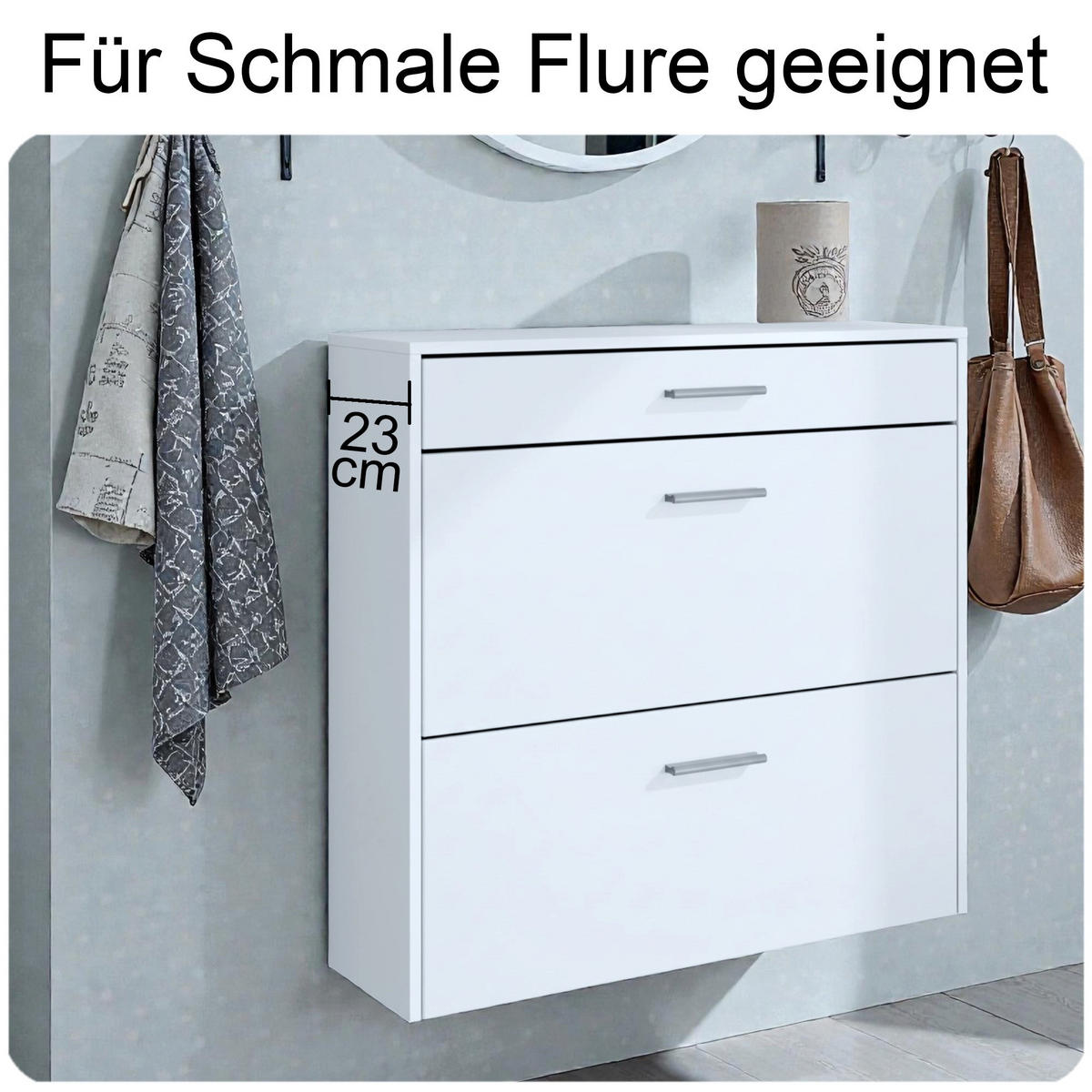 HÄNGENDER-SCHUHSCHRANK Roma Air Schmal mit 2 Klappen und 1 Schublade, Platzsparender Schuhkipper, Weiß matt/Schwarz Hochglanz (89 x 87 x 23 cm) - Schwarz Hochglanz, Holzwerkstoff (89/87/23cm) - InnoFurn