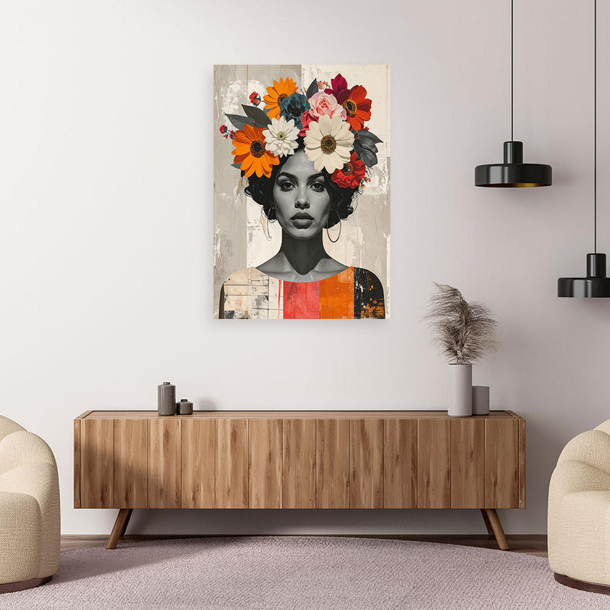LEINWANDBILD, Frau mit Blumen auf dem Kopf im Boho Stil - Multicolor, Textil (80/120cm) - Feeby