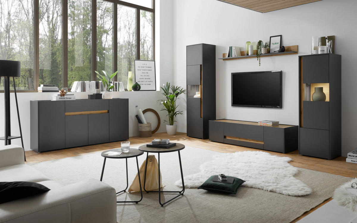WOHNWAND 5-teilig grau matt, Eiche Wotan 340 cm, Schrankwand hängend - Eiche Wotan/Grau, Holz/Holzwerkstoff (340/180/30cm) - Furn.Design