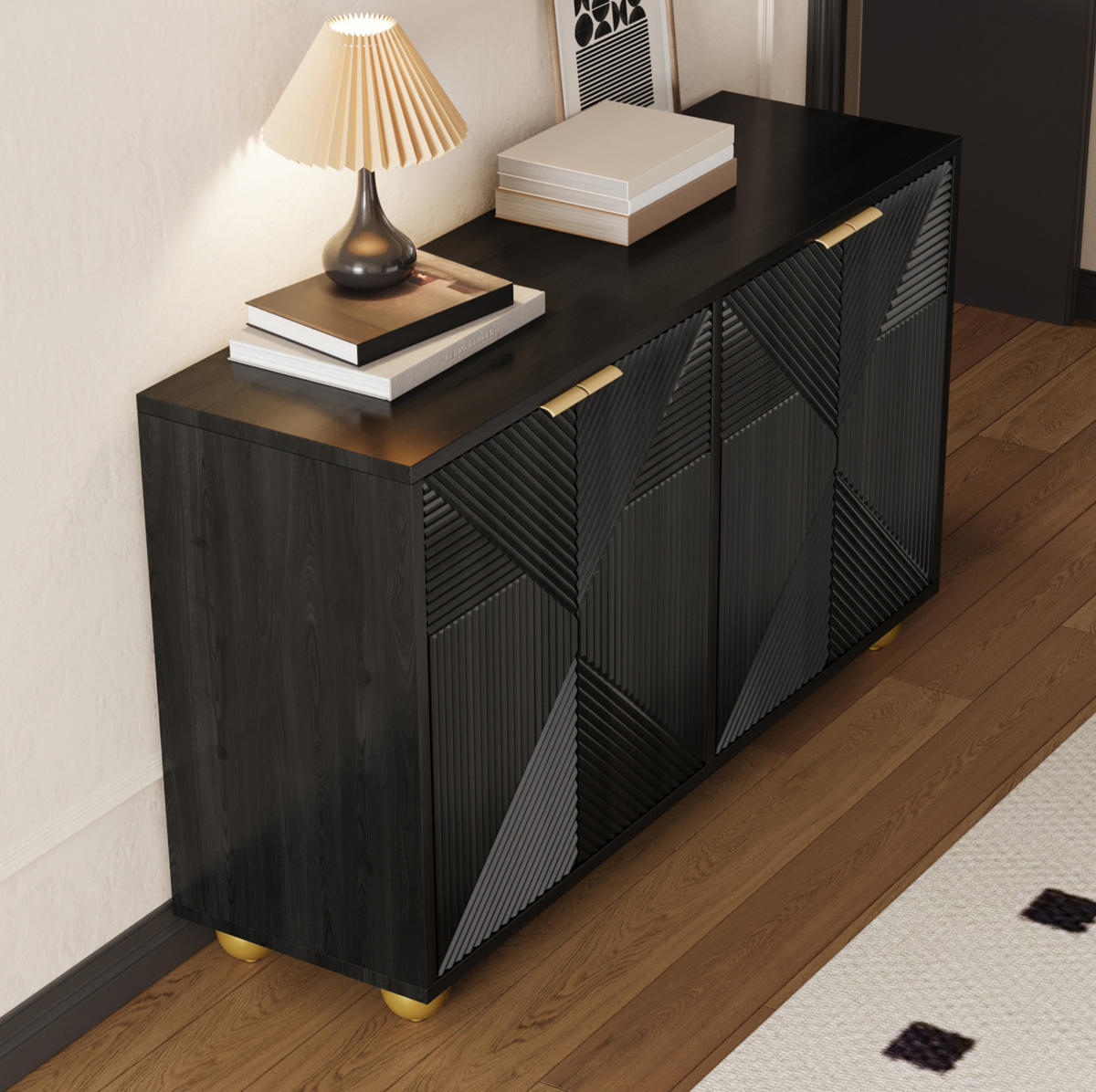 SIDEBOARD 120/35/71,5 cm aus MDF mit 4 gravierten Türen Schwarz - Schwarz, Holzwerkstoff (120/71.5/35cm) - Modenvie