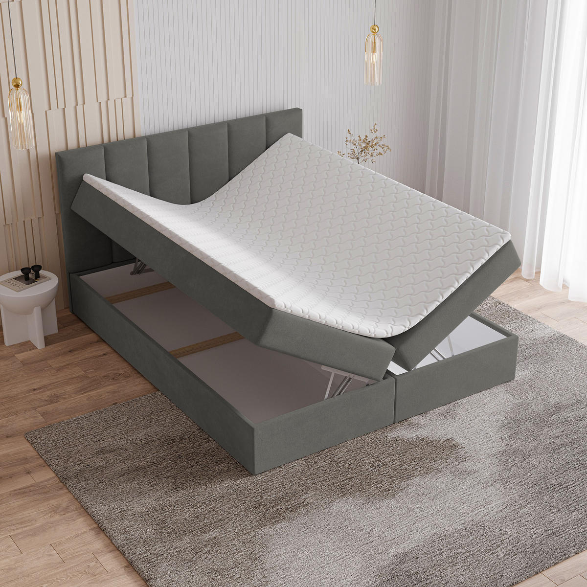 BOXBETT MERIL 140x200 cm mit Matratze und Topper - Grau - Grau, Holz (140/200cm) - MASSENO