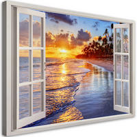 WANDBILD fensterblick sonnenuntergang am meer - Blau, Textil (60/40cm) - Feeby