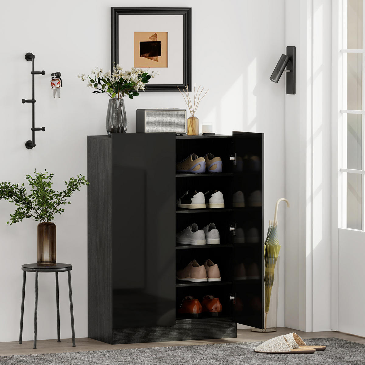 SCHUHSCHRANK,FÜR 20 Paar Hochglanz 5 Böden 72x34,5x103cm,schwarz - Schwarz, Holzwerkstoff (72/103/34.5cm) - Vallsero