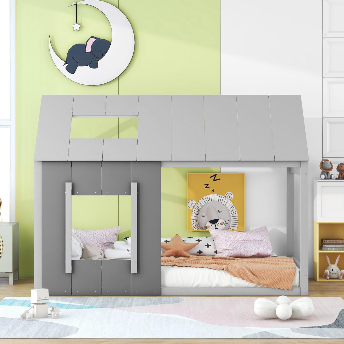 KINDERBETT 90/200 cm in Hausform mit Dach und Fenster aus Kiefern und MDF, Grau - Grau, Holzwerkstoff (90/200cm) - Redom