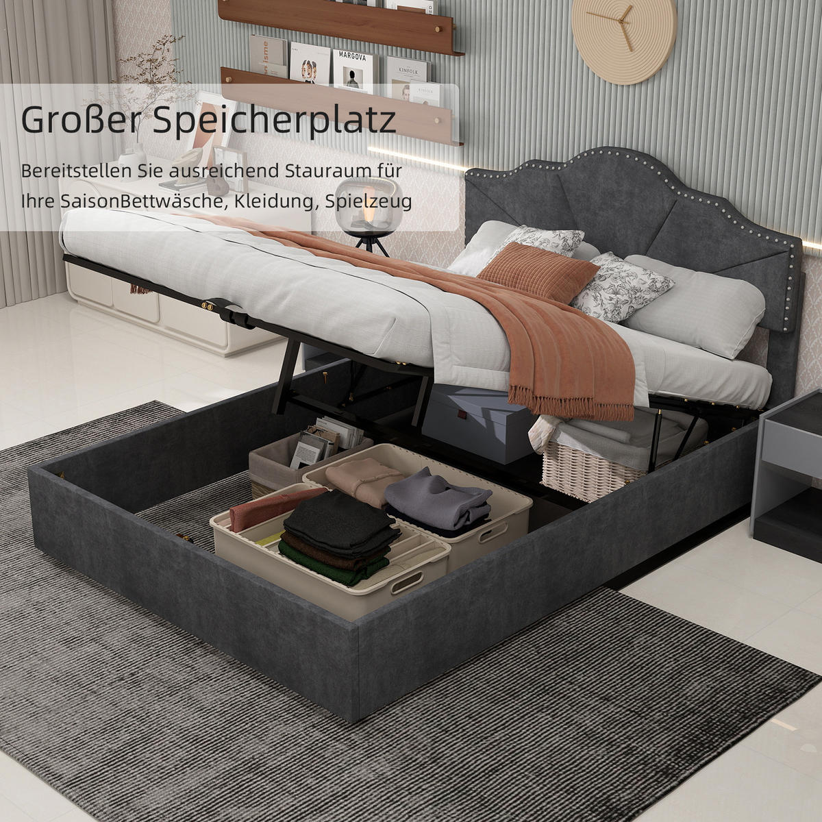 POLSTERBETT 160/200 cm in Grau Stoff mit geometrischem Kopfteil - Grau, Holzwerkstoff/Textil (160/200cm) - WISHDOR