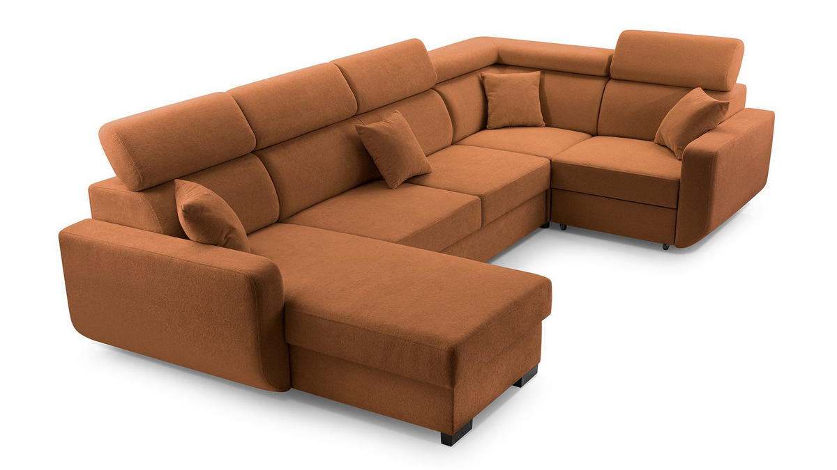 WOHNLANDSCHAFT CASTELLO Orange Plüsch-Stoff mit Schlaffunktion - Orange, Holz (337/97/184cm) - MASSENO