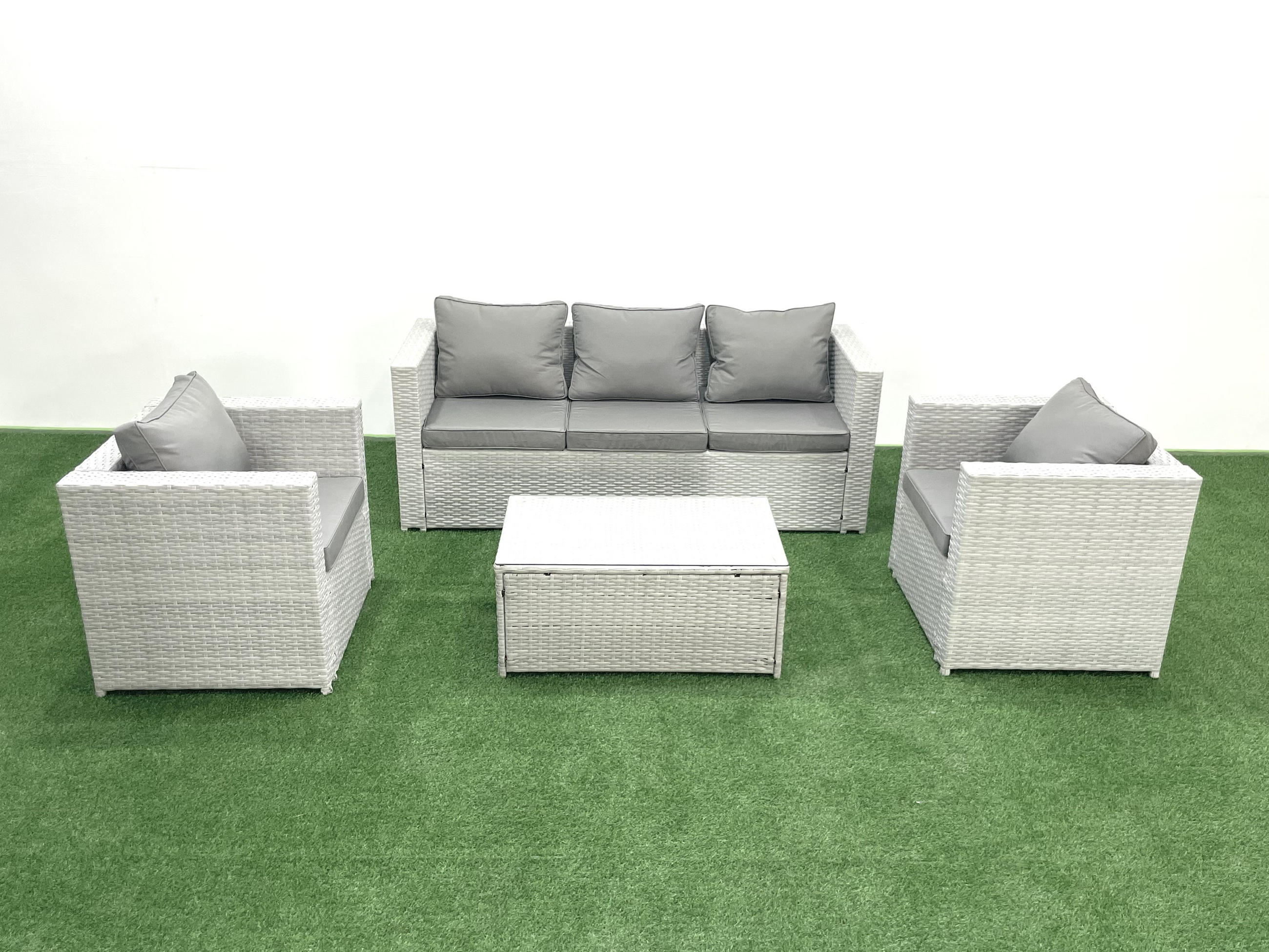 GARTENMÖBELSET mit 3-SITZER SOFA,COUCHTISCH Polyrattan Hellgrau-Mix 5-Sitzer - Hellgrau/Grau, Glas/Kunststoff - Fimous