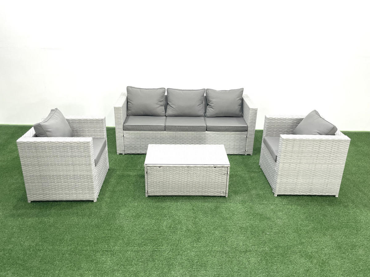GARTENMÖBELSET mit 3-SITZER SOFA,COUCHTISCH Polyrattan Hellgrau-Mix 5-Sitzer - Hellgrau/Grau, Glas/Kunststoff - Fimous