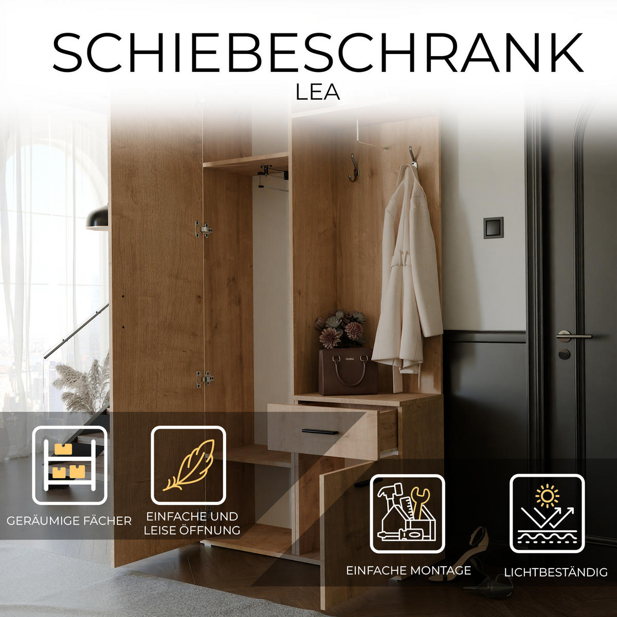 GARDEROBENSCHRANK mit Spiegel-mit Ablagen und Kleiderstange - Braun, Holzwerkstoff (97/195/30cm) - Idohome