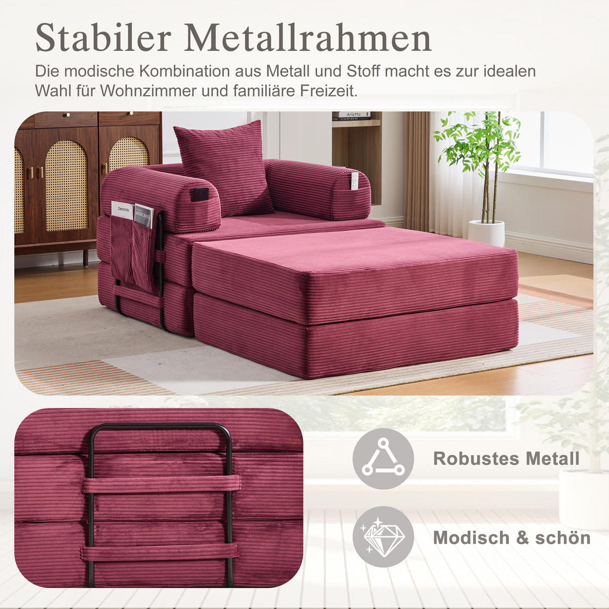SOFA Cord Weinrot mit Kissen und Hocker - Weinrot, Textil/Metall (112/67/190cm) - WISHDOR