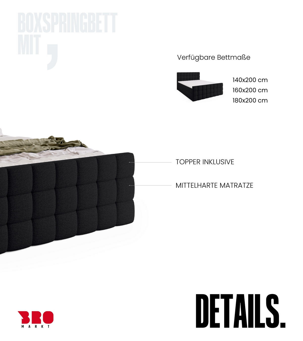 BOXBETT Dakota Duo mit Topper 160/200 Schwarz - Schwarz, Holz/Textil (160/200cm) - Bromarkt