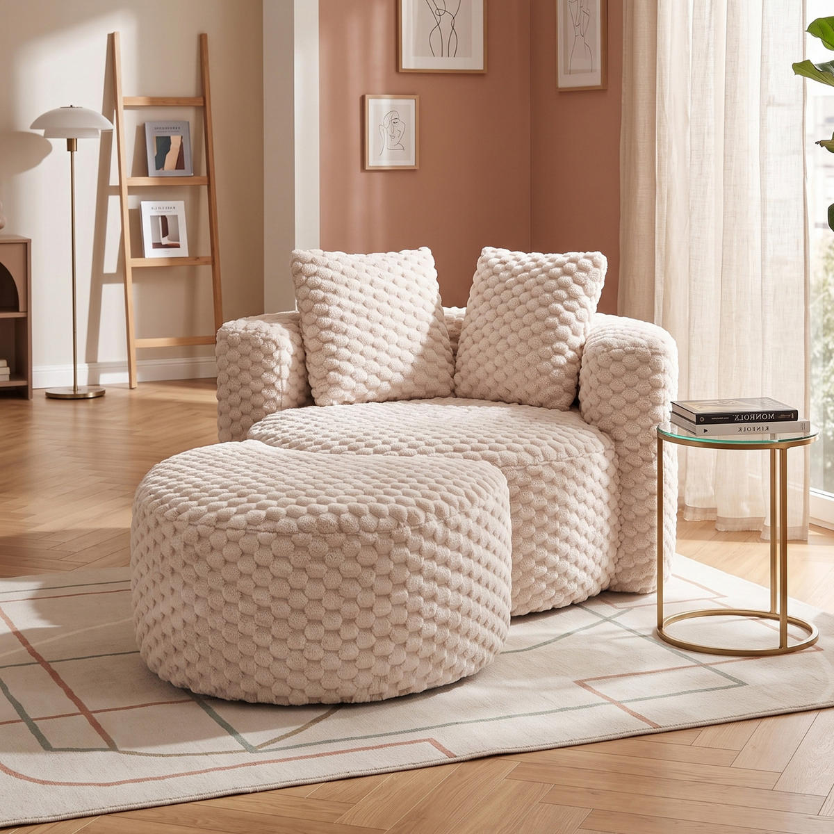LOUNGESESSEL Mit Hocker Übergroß Rund Komprimiert Ohne Montage - Beige, Textil (129/65/116cm) - Urban Meuble
