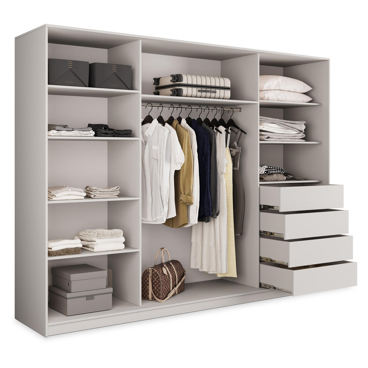 SCHWEBETÜRENSCHRANK PINA 270/205/58 cm 3-türig mit Spiegel und 4 Schubladen Kaschmir - Kaschmir, Holzwerkstoff (270/205/58cm) - MASSENO