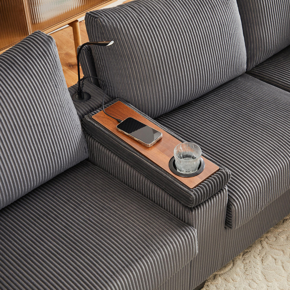 SOFA, U-Form, 2 Hocker, LED-Beleuchtung, Grau, 334x128.5x81cm - Grau, Textil (128.5/81/334cm) - FLIEKS