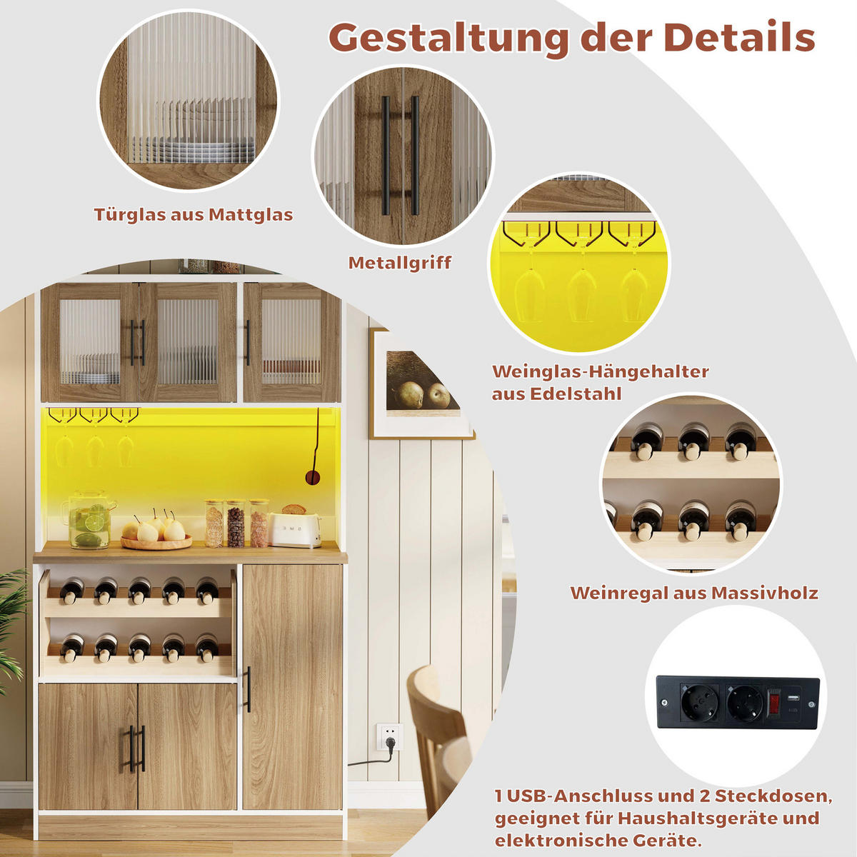 DONJI kuhinjski element, 100/40/180 cm, MDF bijela/prirodna, s LED rasvjetom i utičnicom - bijela, drvni materijal (100/180/40cm) - BEAOK