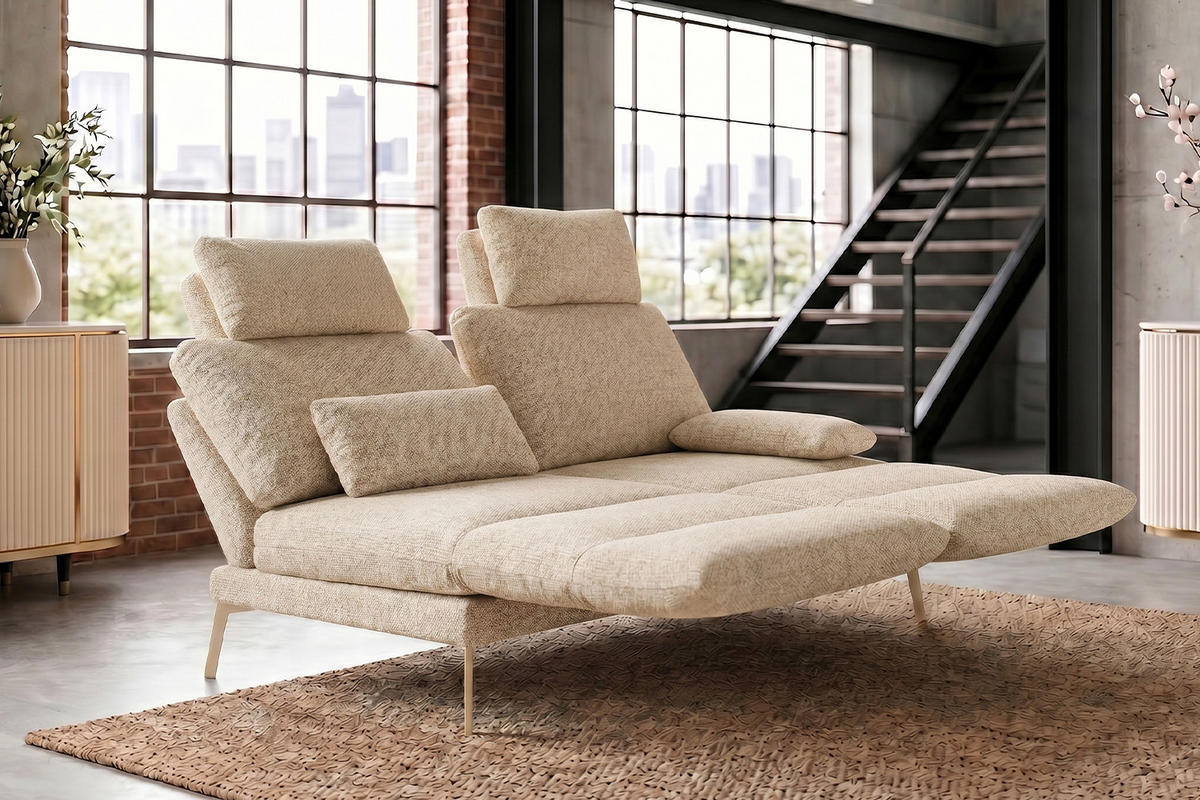 SOFA HOLLY Weiß Flachgewebe - Weiß/Braun, Textil/Metall (176/90/92cm) - KAWOLA