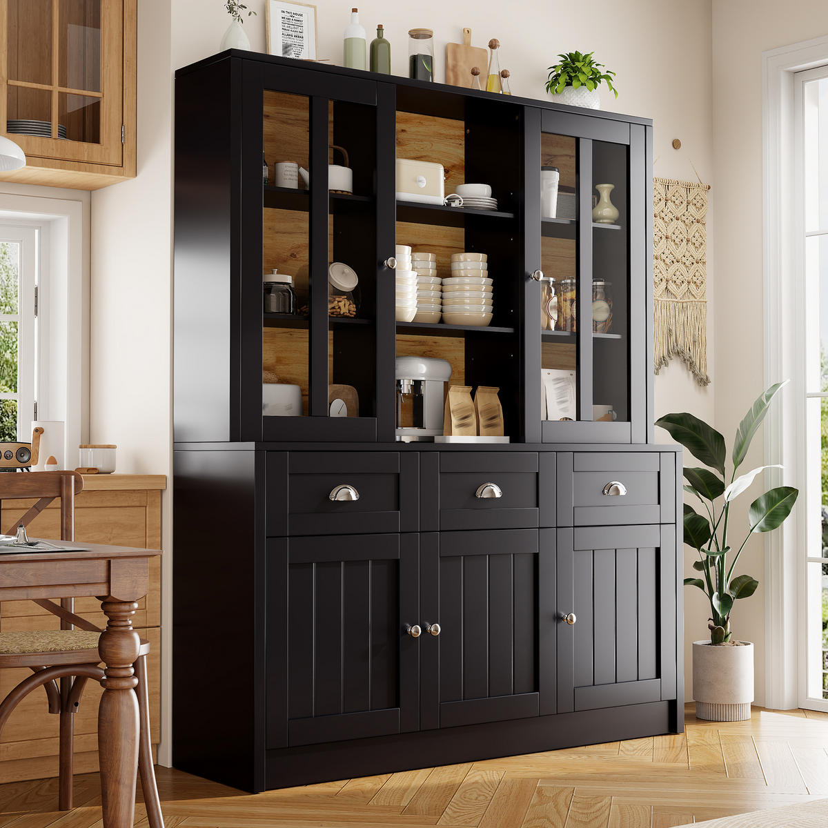 BUFFETSCHRANK Kombi Schwarz 140/38.5/175 cm - Schwarz, Holz (140/175/38.5cm) - PANGIVO