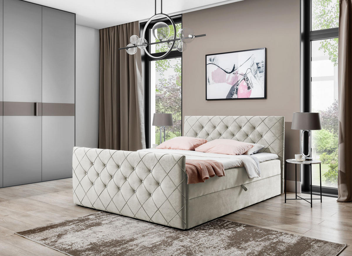 BOXBETT MALAGA 140x200 Beige Velvet - H3 - Beige, Textil (140/200cm) - AN-Moebel 4u