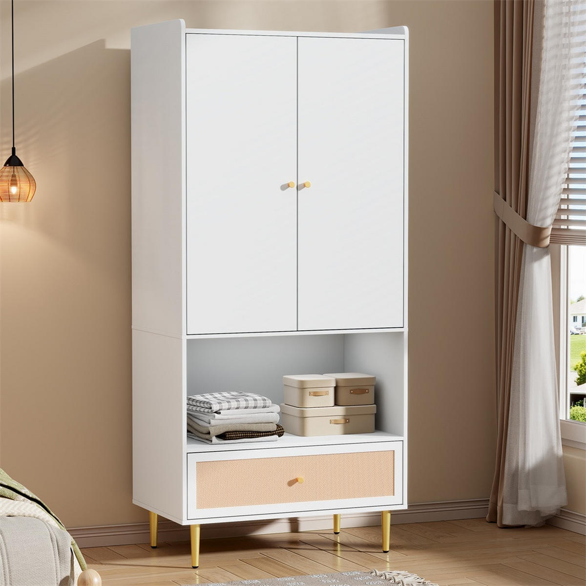 KLEIDERSCHRANK 80x48x175 cm mit goldenen Griffen und Beinen - 2 Türen und 1 Schublade & Offenes Regal - Weiß - Weiß, Holzwerkstoff (80/175/48cm) - DELFA