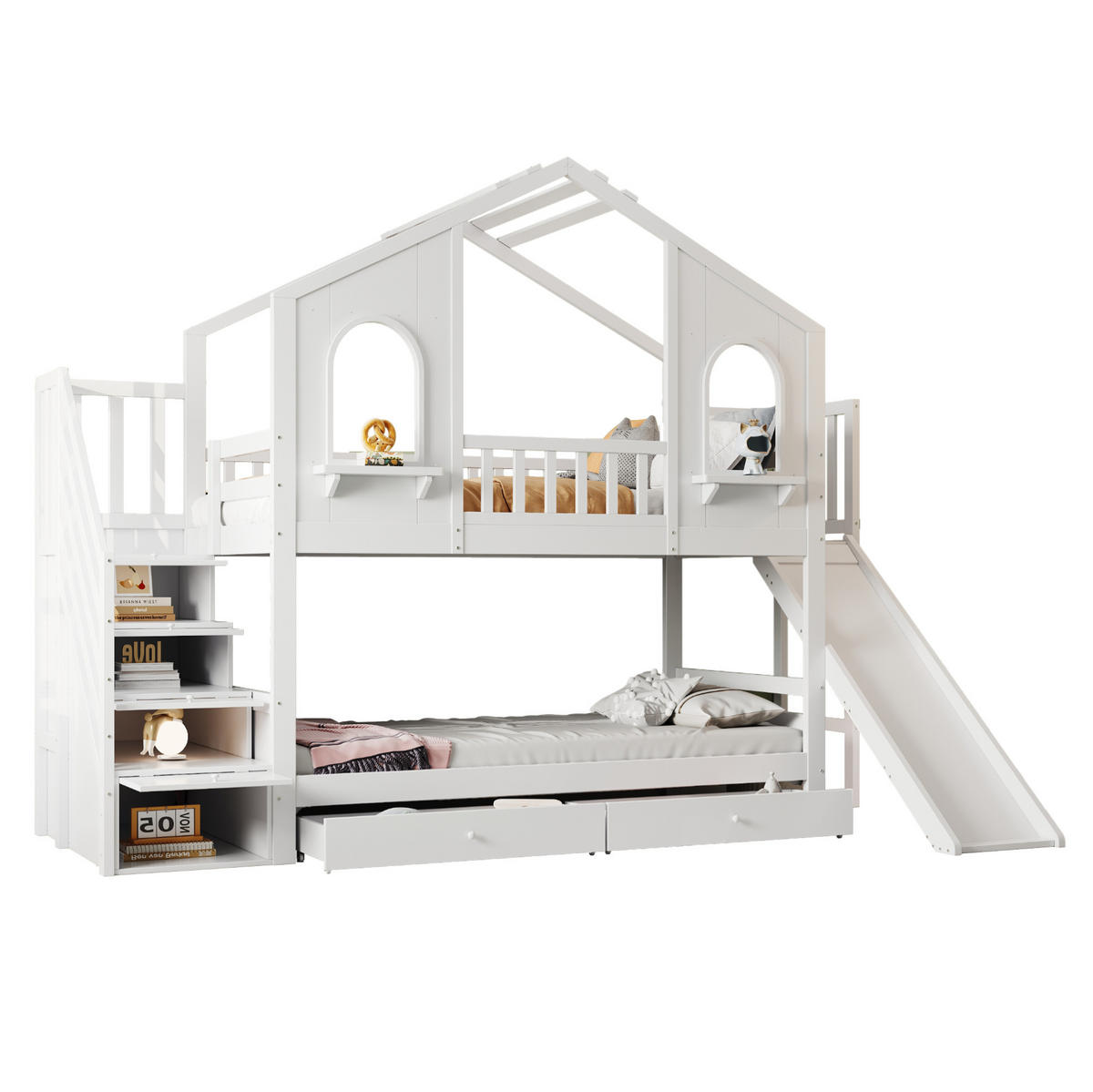 ETAGENBETT aus Holz 90x200 cm Weiß mit Rutsche, Stauraumtreppe und Schubladen - Weiß, Holzwerkstoff (90/200cm) - IVMEU