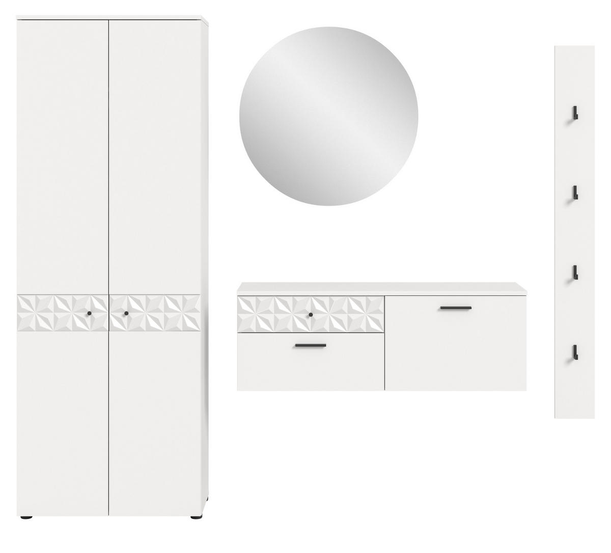 GARDEROBE Set weiß Hochglanz 226 cm, Kombination mit 3D-Struktur - Weiß Hochglanz/Schwarz, Glas/Holzwerkstoff (226/192/34cm) - Inn.Furn
