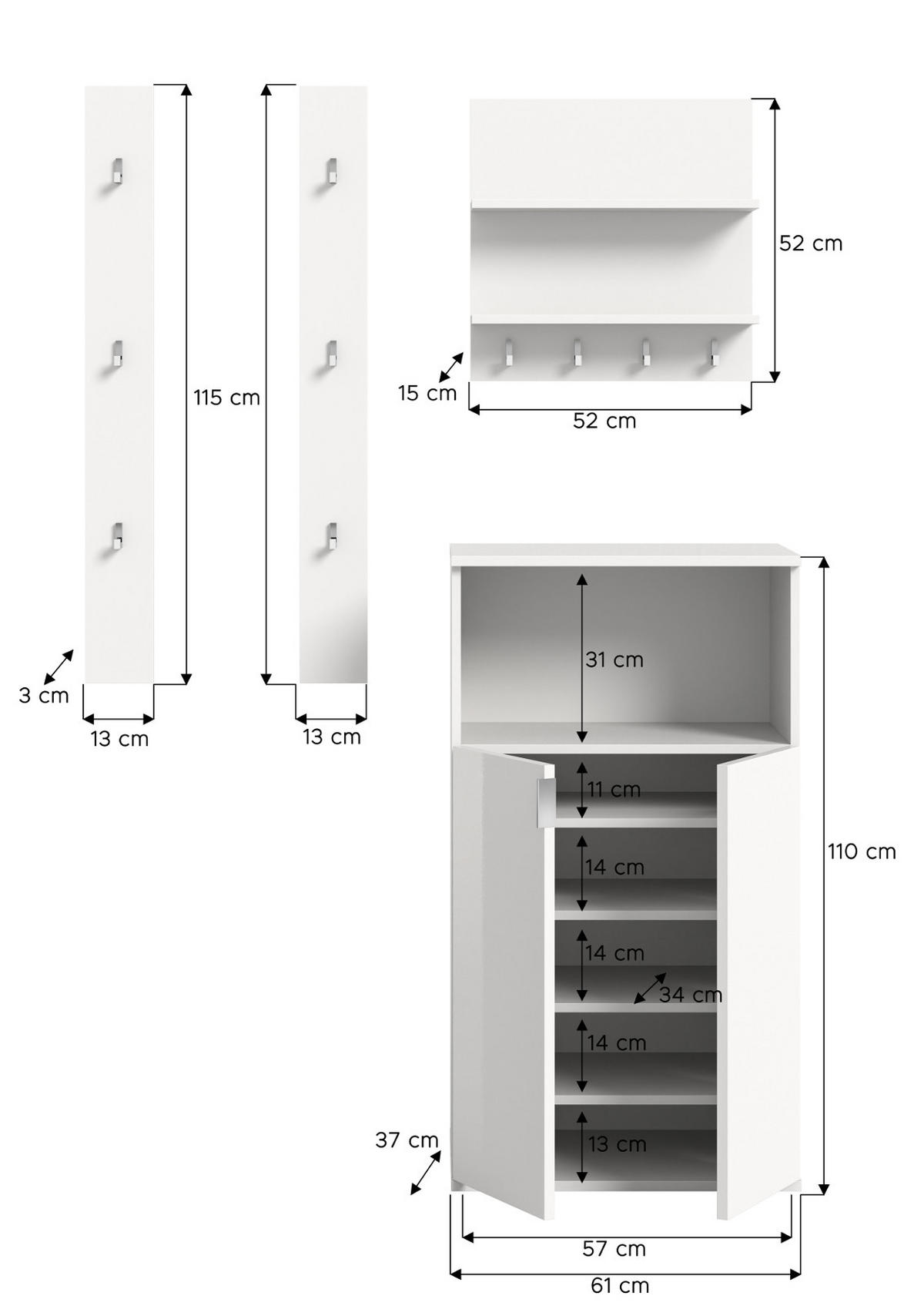 GARDEROBE Set 4-teilig weiß Hochglanz 117 cm, moderne Flurgarderobe - Chromfarben/Weiß Hochglanz, Glas/Holzwerkstoff (117/193/37cm) - Inn.Furn