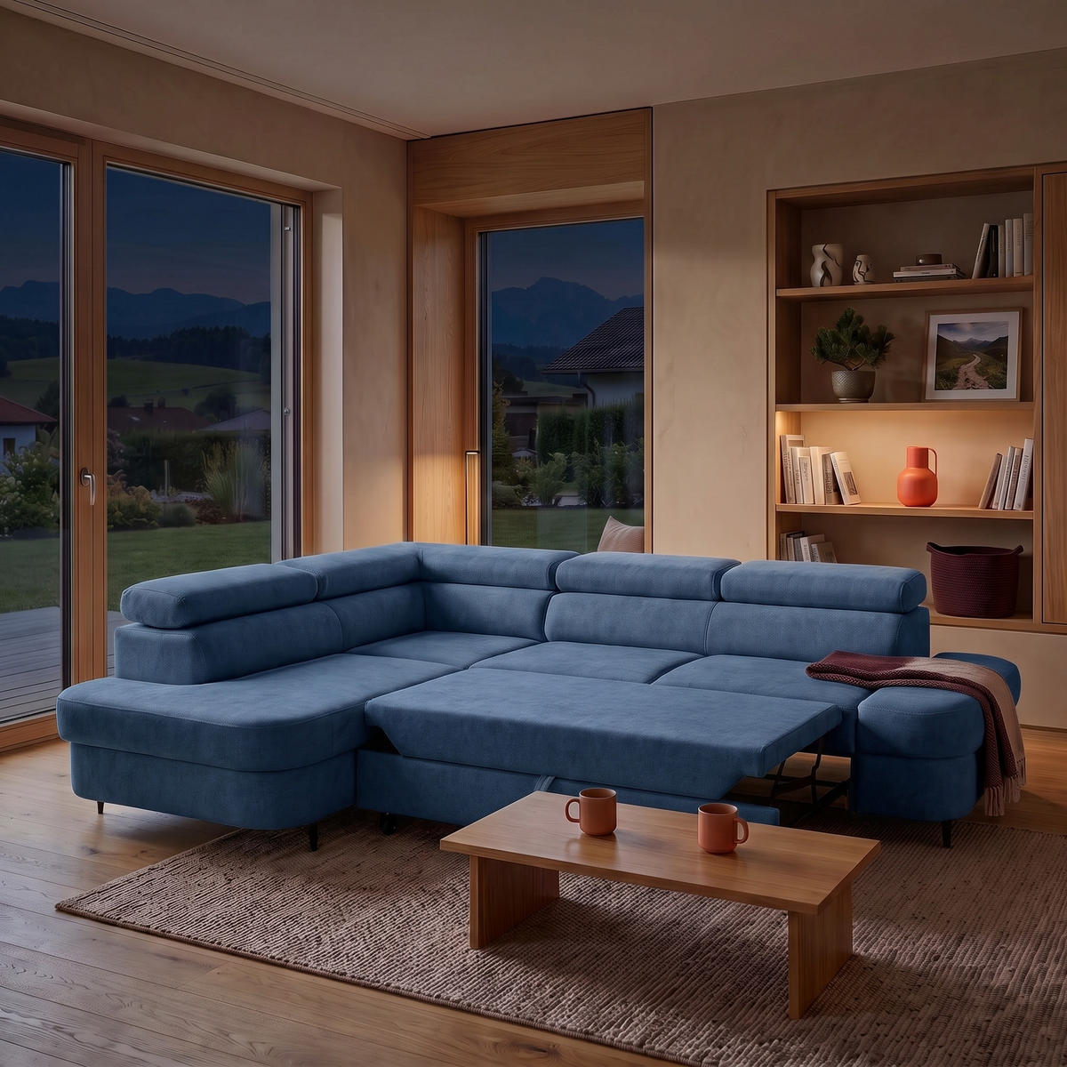 ECKSOFA PRIAM L Links mit Schlaffunktion 125x195 Velours Blau - Blau/Schwarz, Holz/Textil (203/275cm) - Muffo