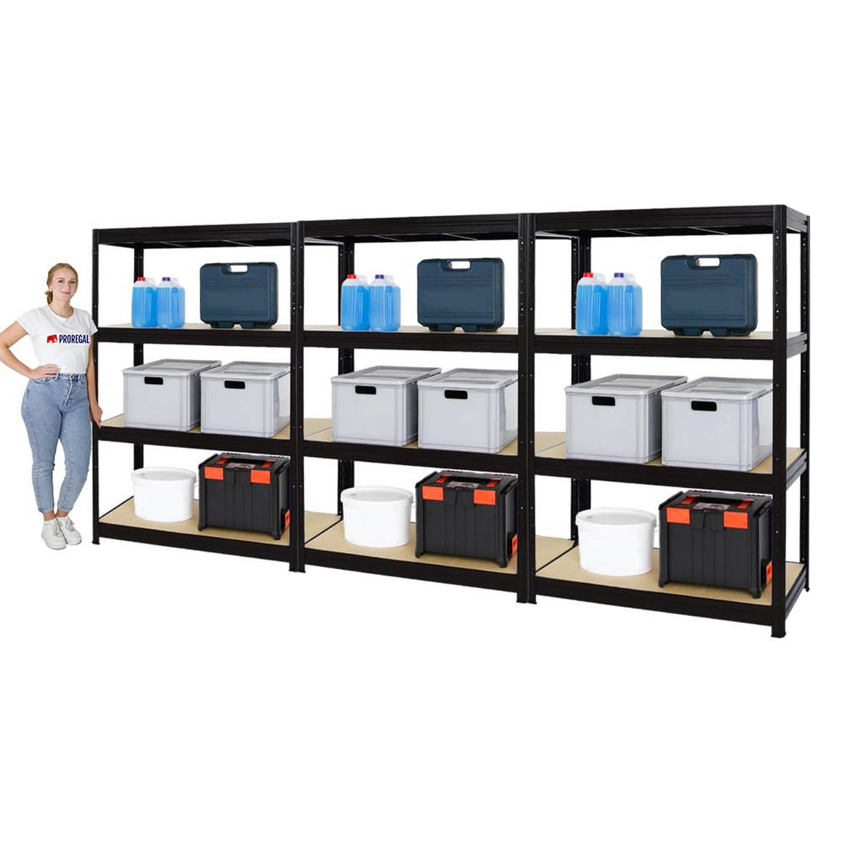 SCHWERLASTREGAL Dino 3er-Set mit 3x 180x120x60 cm Fachlast 600 kg Schwarz - Schwarz, Metall (360/180/60cm) - PROREGAL