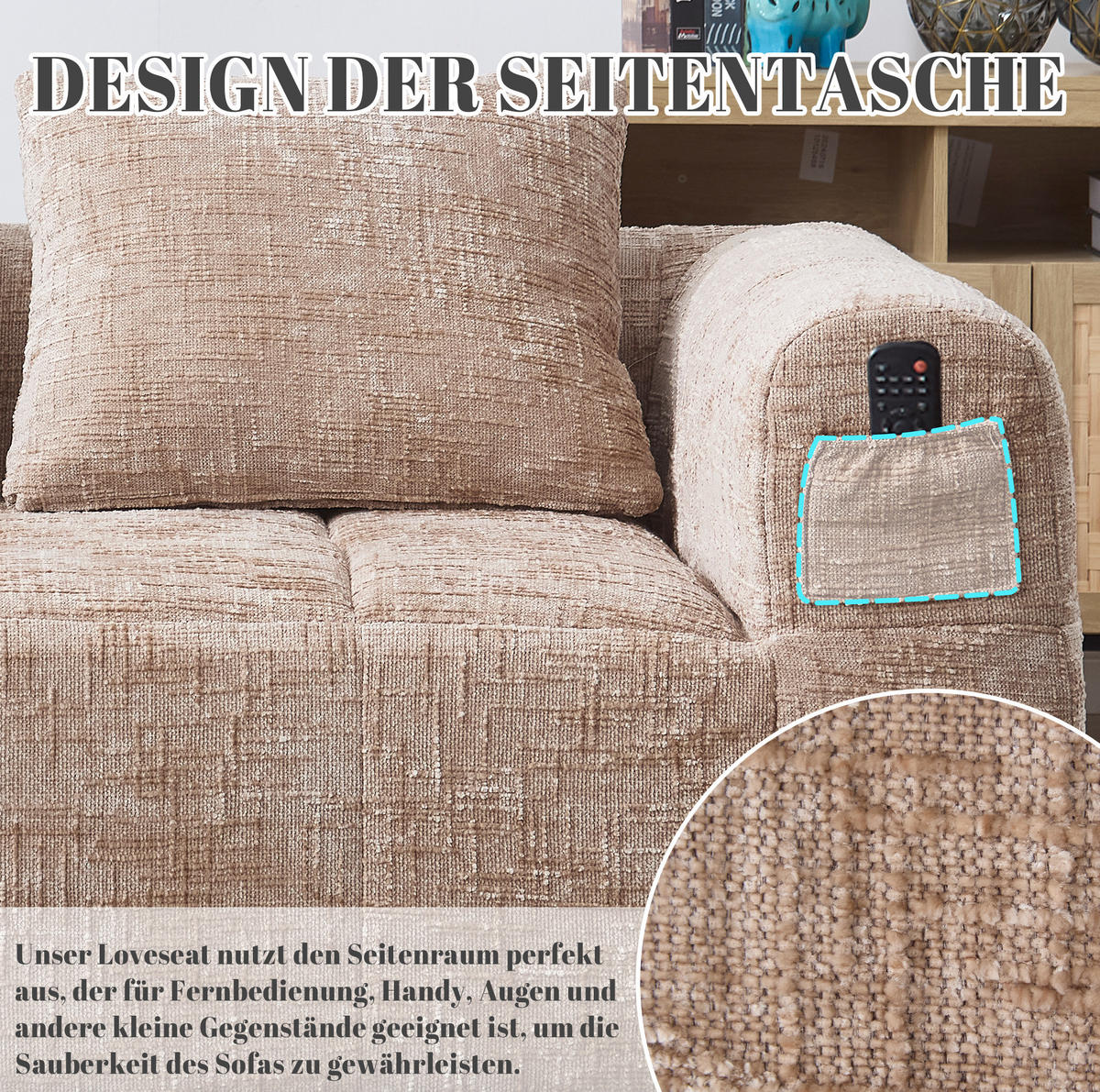2-SITZER-SOFA 158/90/60 cm khaki aus Chenille mit Seitentaschen - Sandfarben, Textil (60/158/90cm) - Modenvie