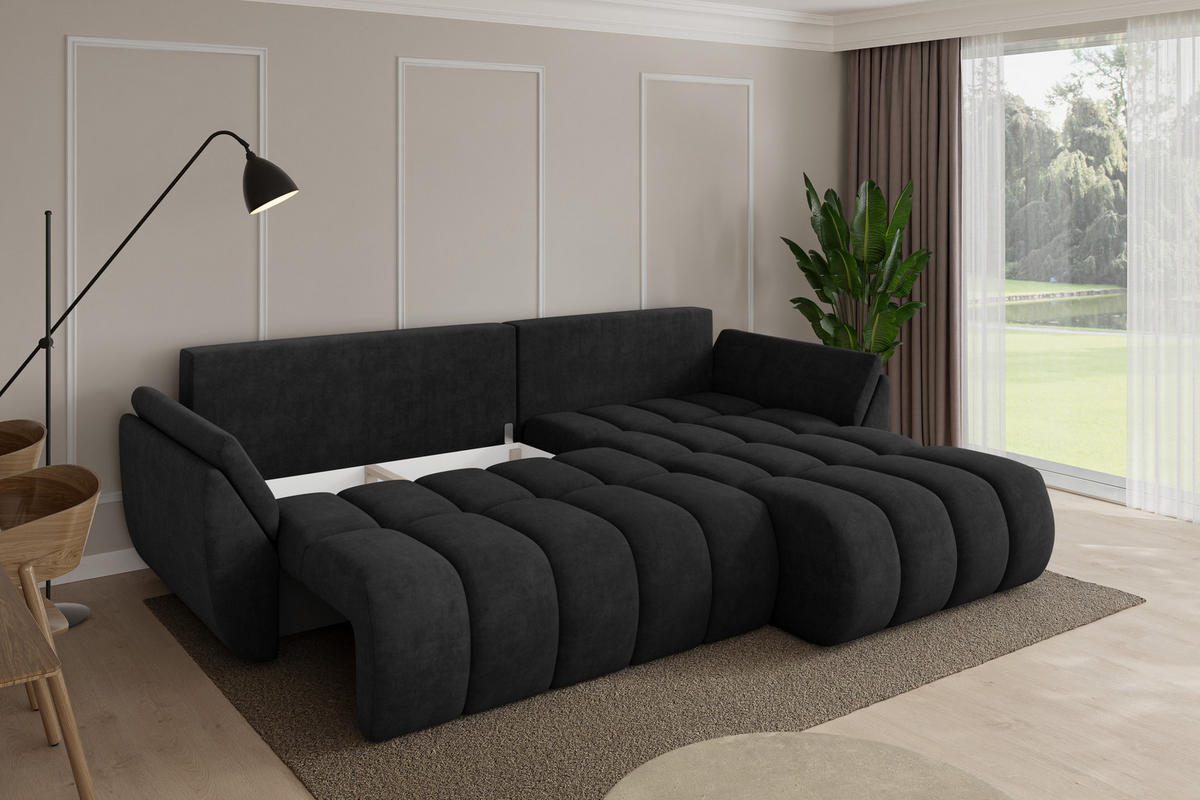 ROHOVÁ SEDAČKA s funkcí spaní, otoman vpravo TOKO-L-v1 277x194x86 černá velur - černá, kompozitní dřevo/textil (277/194cm) - ALTDECOR