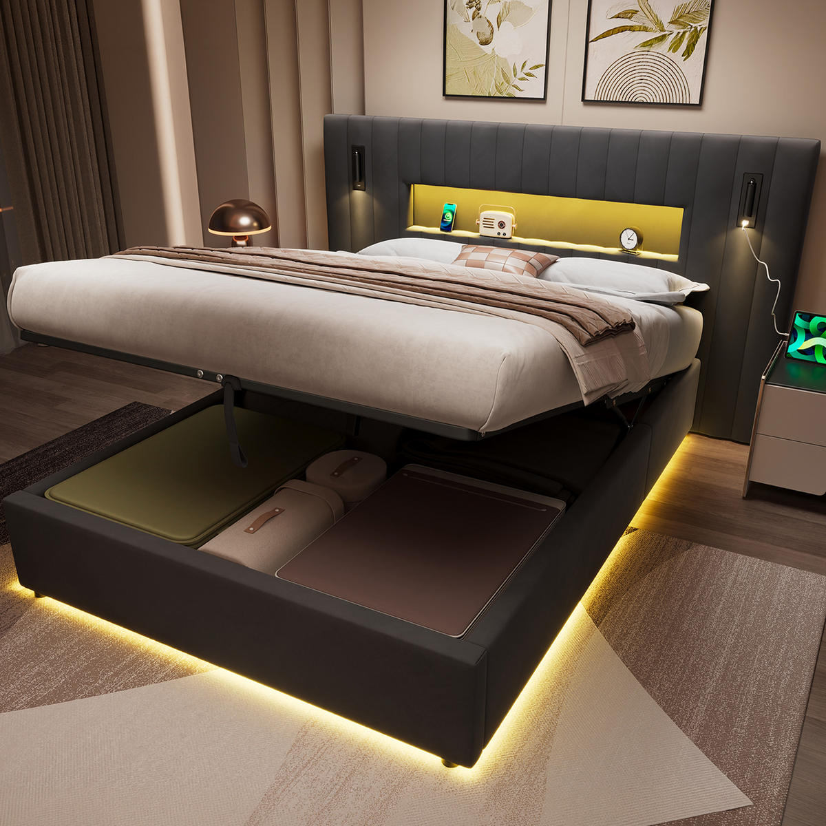 ČALÚNENÁ posteľ 140/200 cm tmavosivá zo zamatu s hydraulickým úložným priestorom, LED čítacími lampami a USB konektormi - tmavosivá, textil (140/200cm) - Modfu