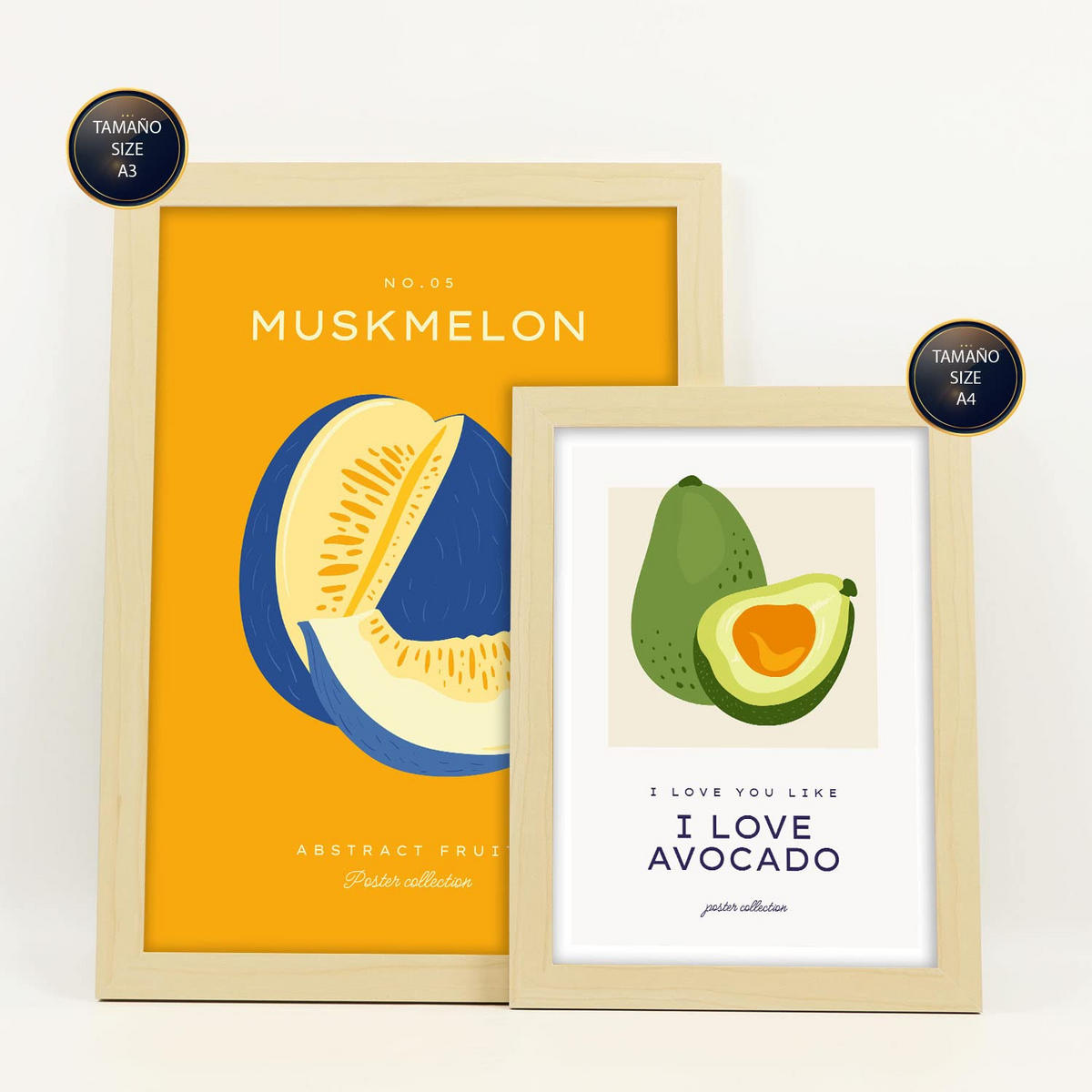 POSTER Set Mit 6 Lebensmittel Und Ernährungs Tropische Umgebung A3 & A4 Rahmen Aus Hellem Holz - Beige, Papier (29/3cm) - Nacnic