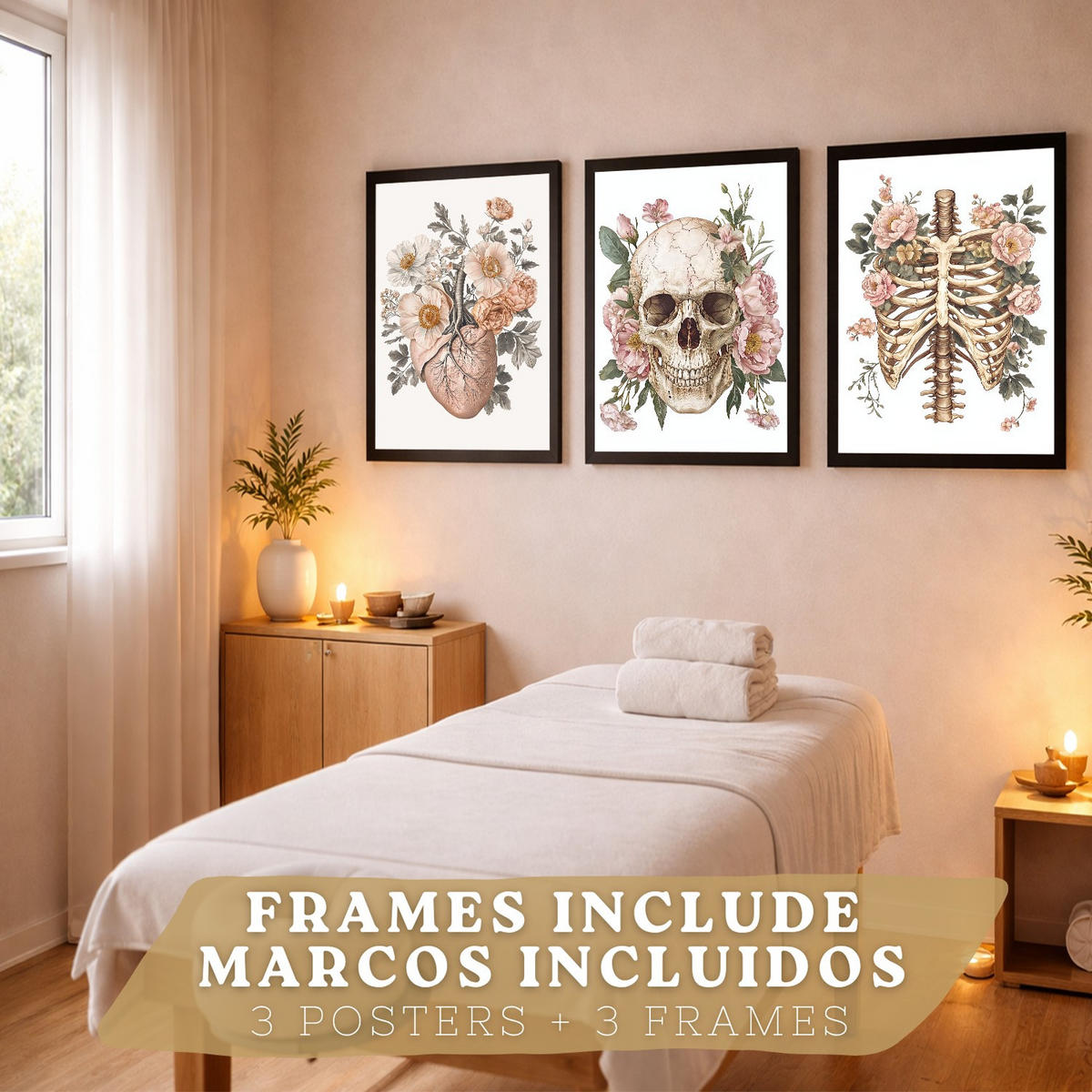 POSTER Set aus 3 Anatomie Mensch Florale Drucke und Wandbilder mit Herz Schädel und Brustkorb Weicher Vintage Stil Größe Schwarzer Rahmen A4 - Schwarz, Papier (21/29.7/3cm) - Nacnic
