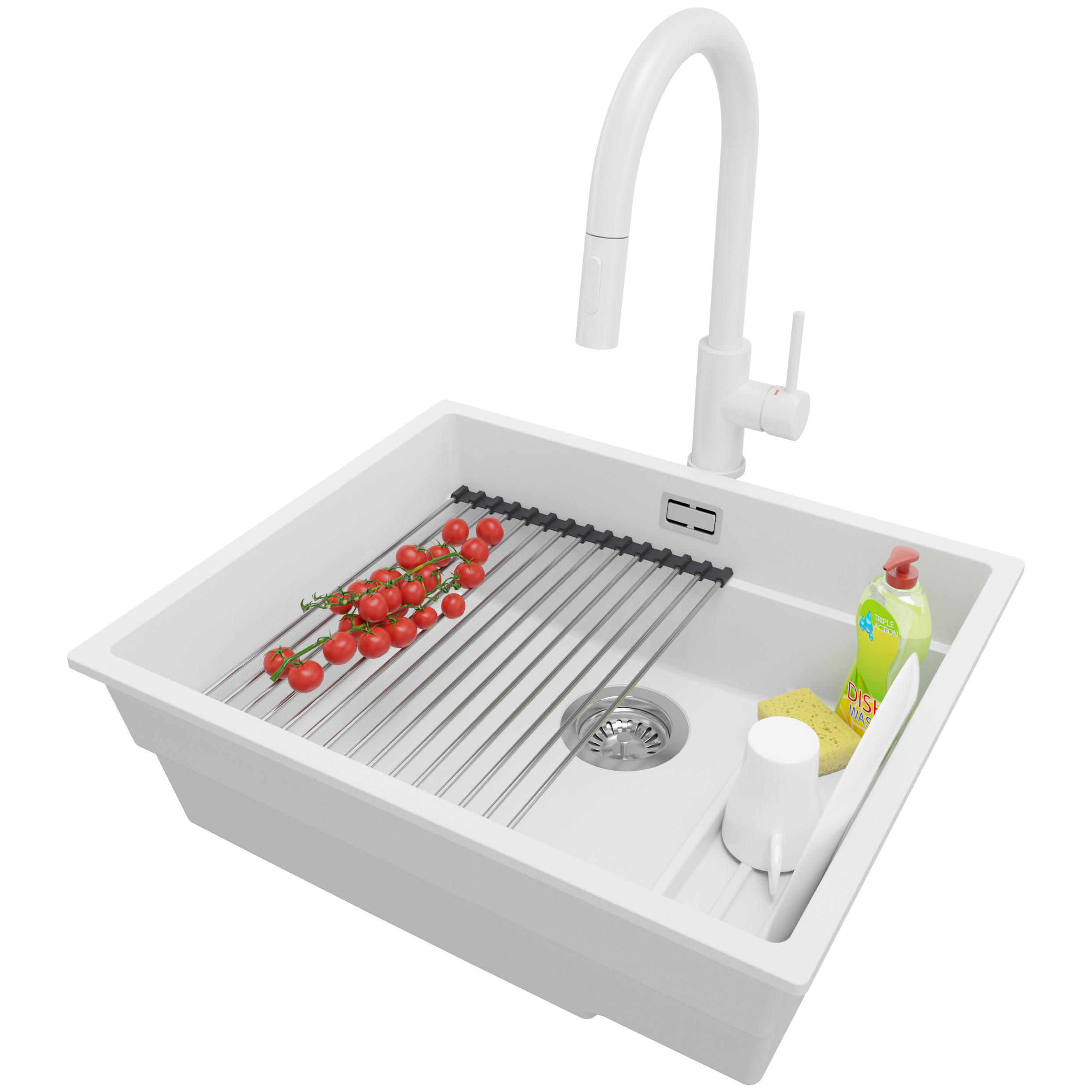 GRANITSPÜLE Praga Slim, 2-er set Weiß 56/47 cm 1 Becken + Küchenarmatur 40/20 cm + Ablauf-Set + Aufrollbare Abtropffläche ab 60er Unterschrank - Chromfarben/Weiß, Kunststoff (56/20/47cm) - Primagran