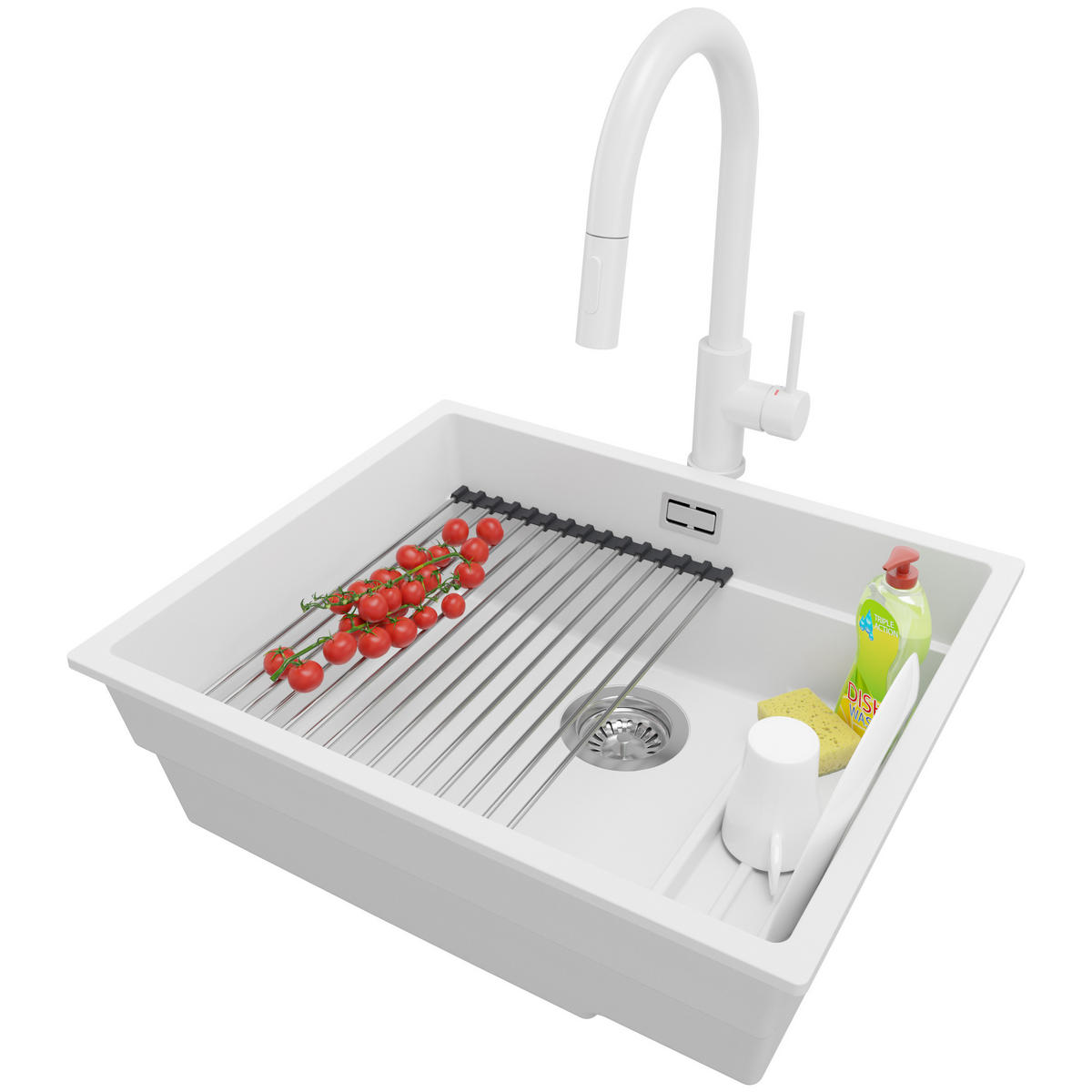 GRANITSPÜLE Praga Slim, 2-er set Weiß 56/47 cm 1 Becken + Küchenarmatur 40/20 cm + Ablauf-Set + Aufrollbare Abtropffläche ab 60er Unterschrank - Chromfarben/Weiß, Kunststoff (56/20/47cm) - Primagran