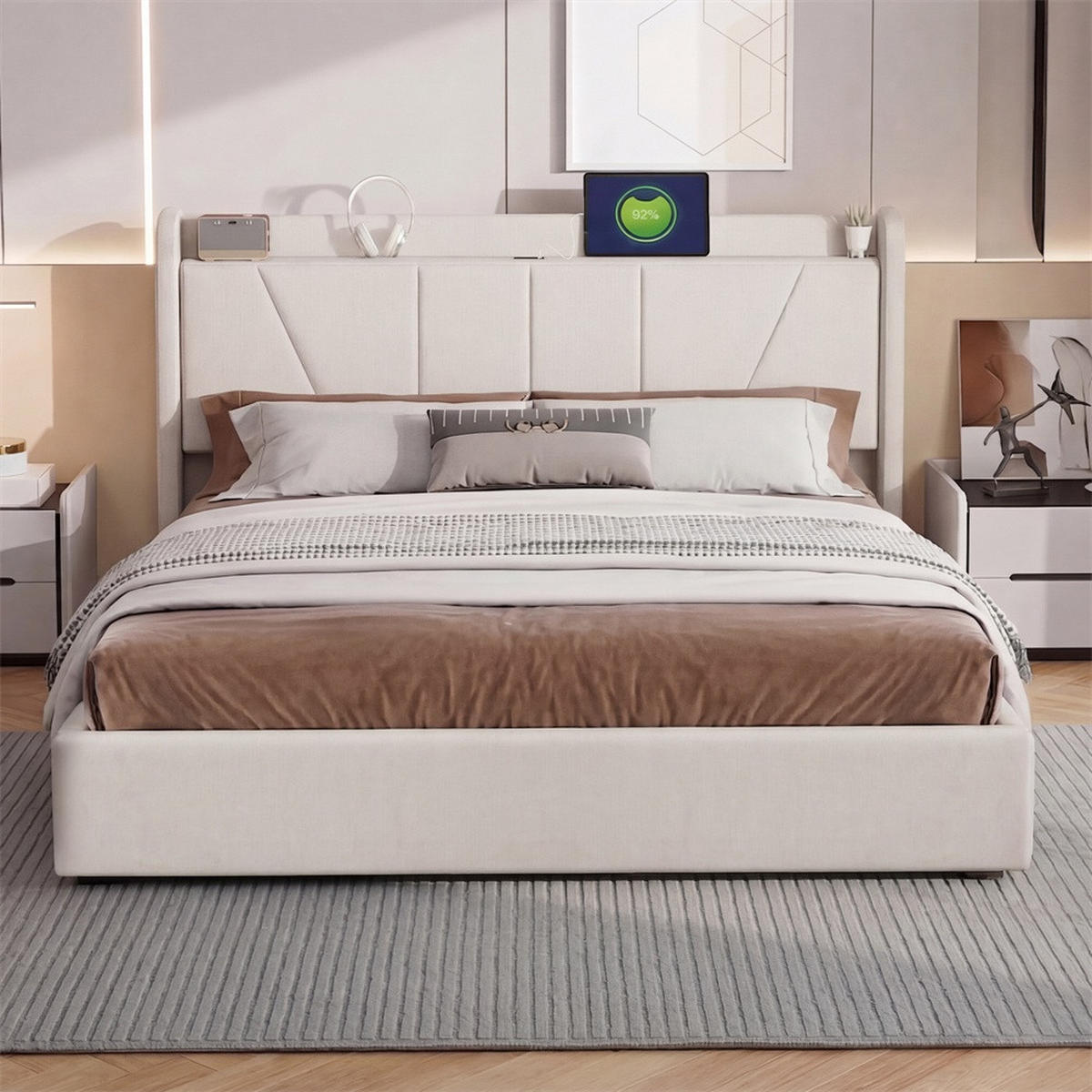 POLSTERBETT 160x200 cm - Hydraulisches Stauraumbett mit USB- und Type-C-Ladefunktion - ohne Matratze - Beige - Beige, Textil (160/200cm) - DELFA