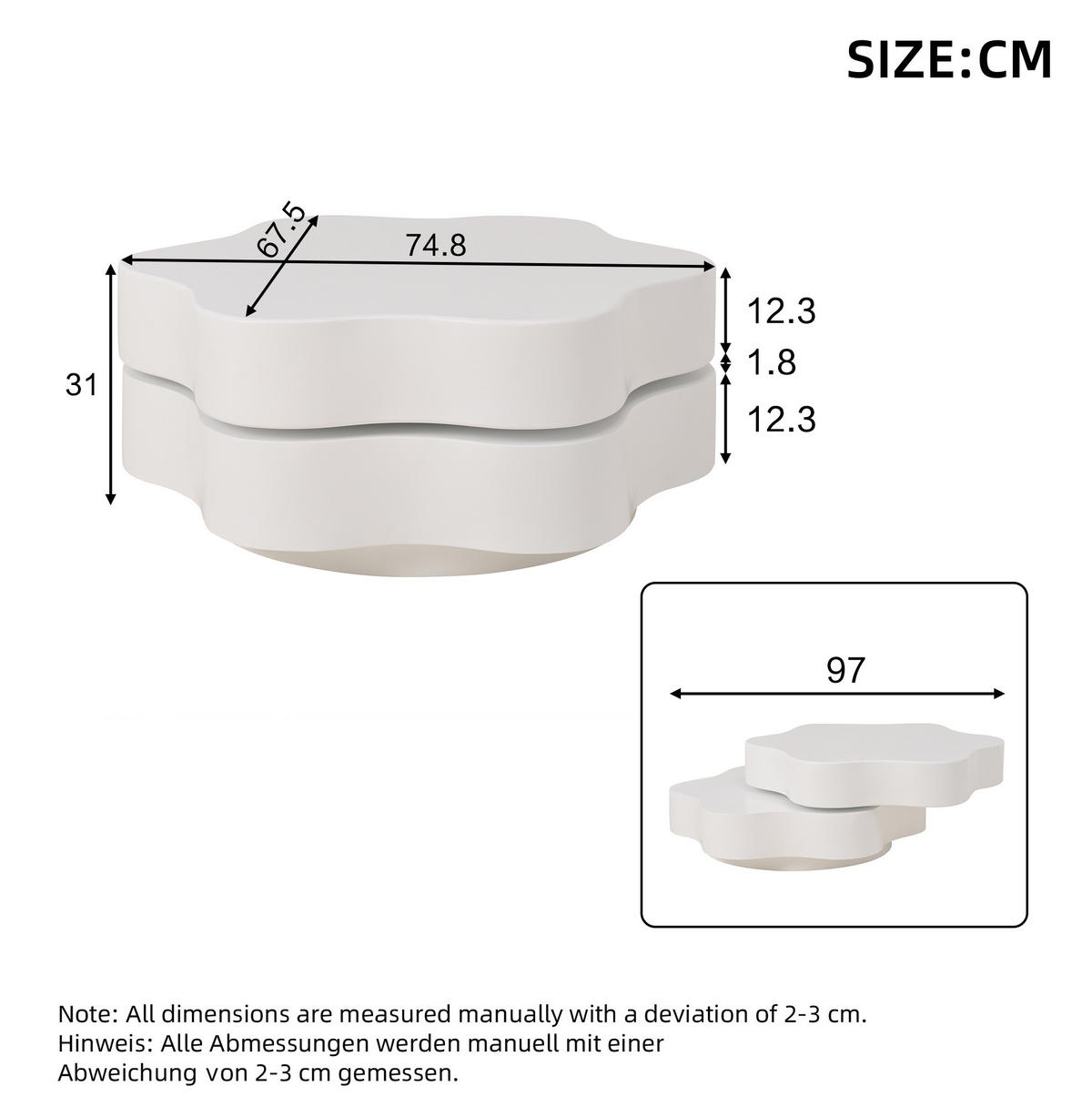 COUCHTISCH aus MDF 74,8x67,5x31 cm Cremeweiß mit 360° drehbarer Platte und 2 Ablageflächen in Blumenform - Weiß, Holzwerkstoff (74.8/67.5/31cm) - Modfu