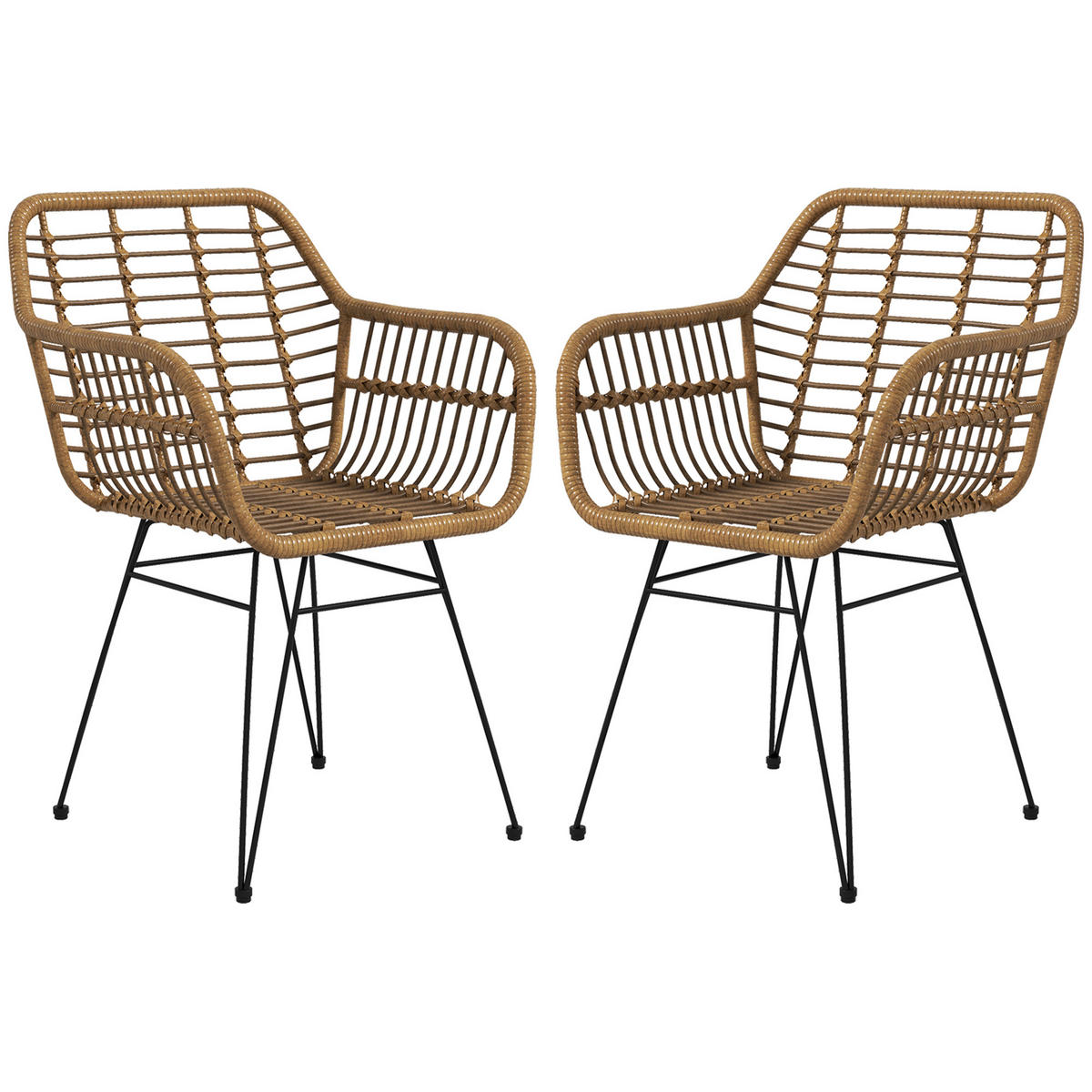 ESSZIMMERSTÜHLE DE-06946 2er-Set im Boho-Stil mit PE-Rattan Natur/Schwarz - Braun, Kunststoff/Metall (60/79/56cm) - ComfortXL