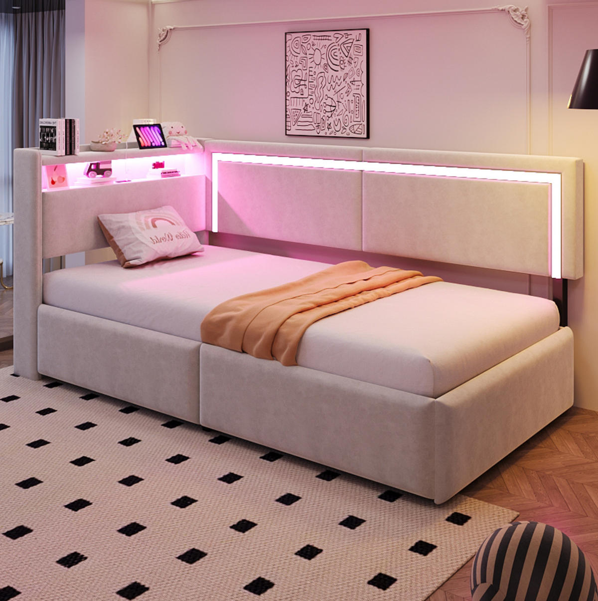 ROZKLADACIA posteľ 90/200 cm béžová zo zamatu s LED osvetlením USB portmi a úložným priestorom - béžová, textil (90/200cm) - OKWISH