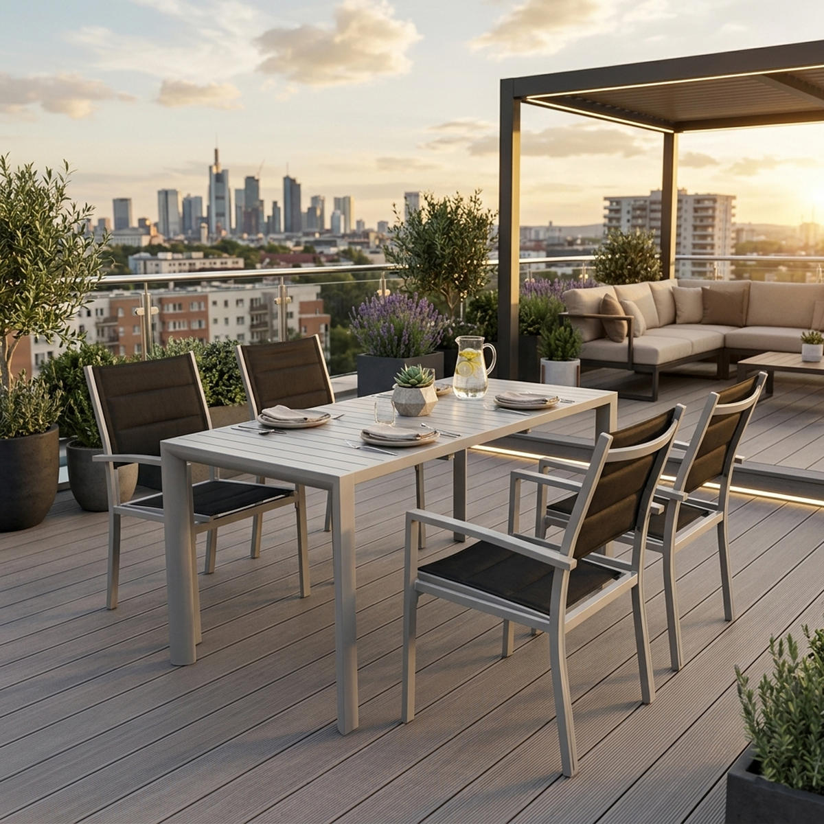 GARTEN-GARNITUR Ashford - 5-teilige Garten-Essgruppe (4x Sessel Aluminium silbergrau + Textilgewebe gepolstert schwarz Ausziehtisch - Grau, Metall - TPFGarden
