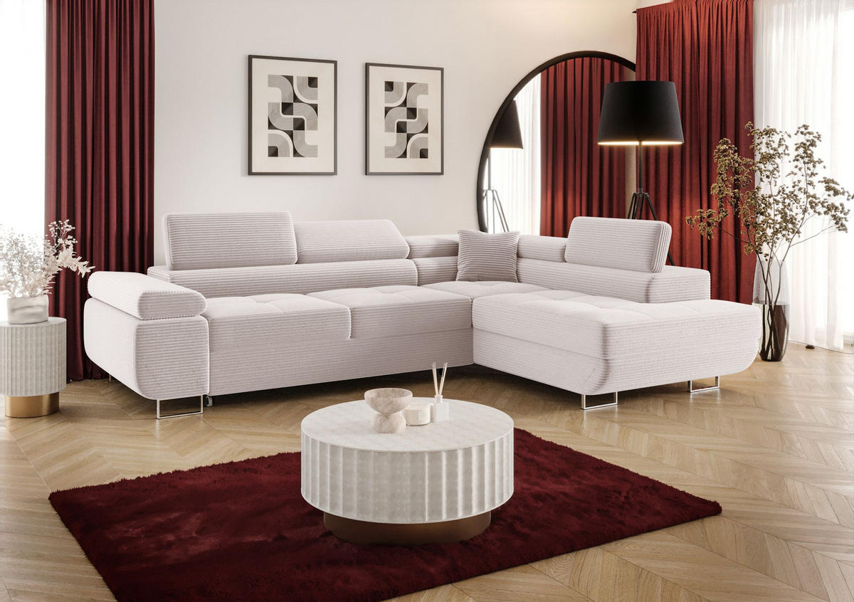 ECKSOFA EMILY mit Schlaffunktion Poso 100 Rechts - Ecru, Textil (275/200cm) - Bedante