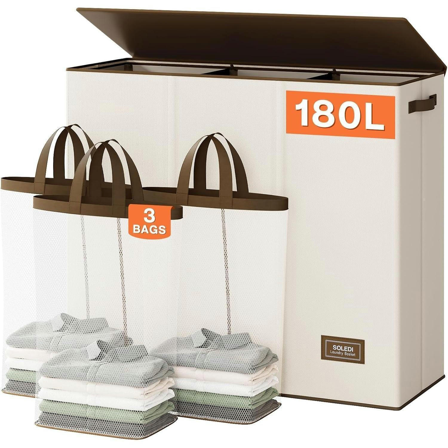 WÄSCHEKORB 180L 3 Fächer mit Deckel Beige - Beige, Textil (31/70/83cm)