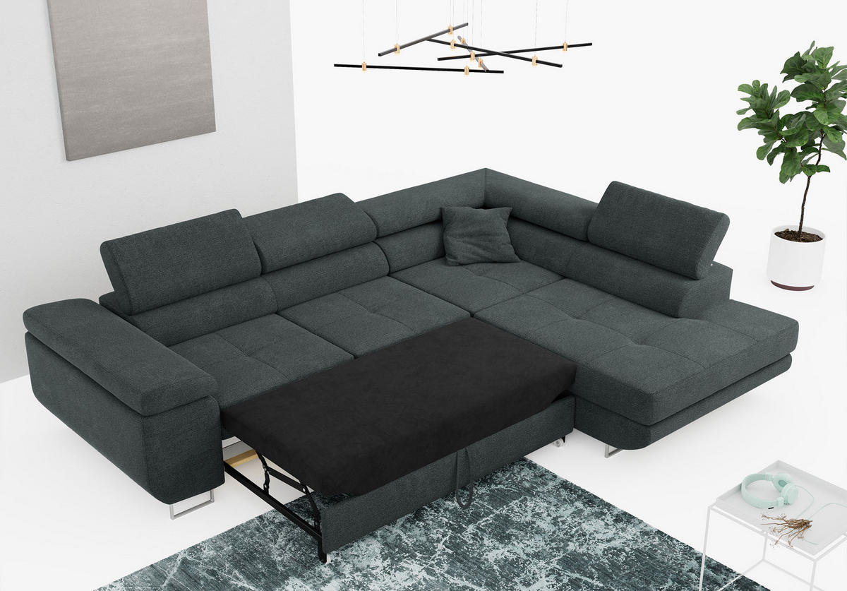 ROHOVÁ SEDAČKA GUSTAW L - Tmavě šedá Strukturovaná látka - Pravá Strana - stříbrná/tmavě šedá, kov/textil (205/275cm) - MKS