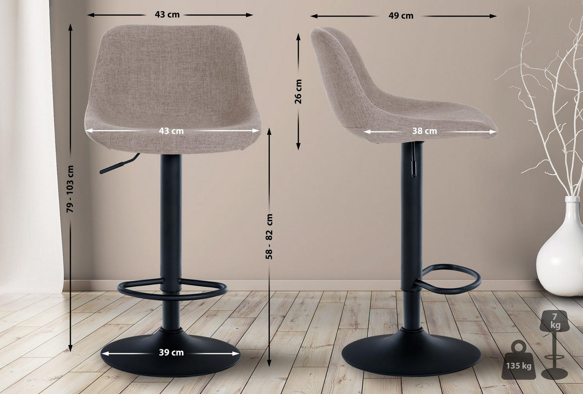 BARHOCKER 2er Set Lotus Stoff taupe - Schwarz/Grau, Textil/Metall (43/103/49cm) - TPFLiving