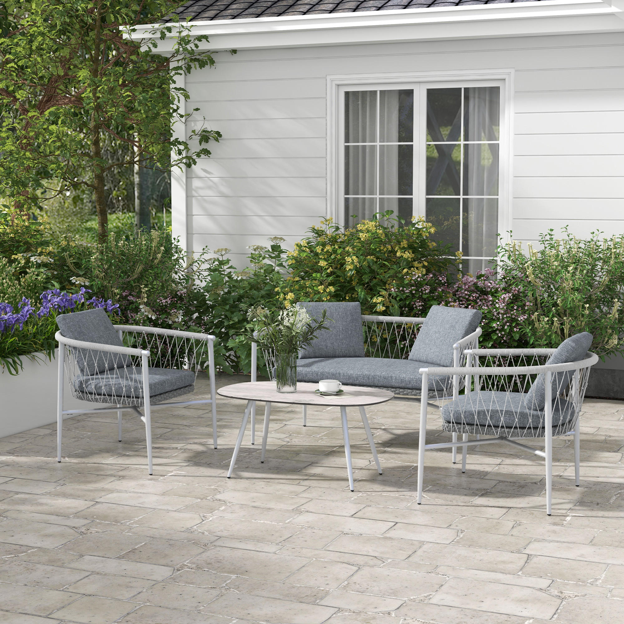 GARTENMÖBEL Set, PE Rattan, Grau - Grau, Kunststoff - Outsunny