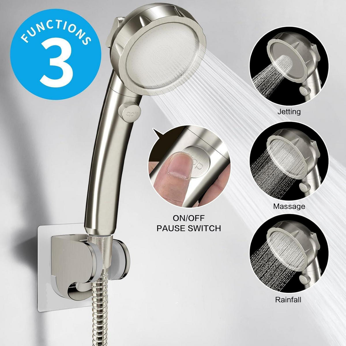 HANDBRAUSE-SET mit 3 Sprühmodi und ON/OFF-Schalter | Gebürstetes Nickel - Silberfarben, Metall (8/12.7/24cm)