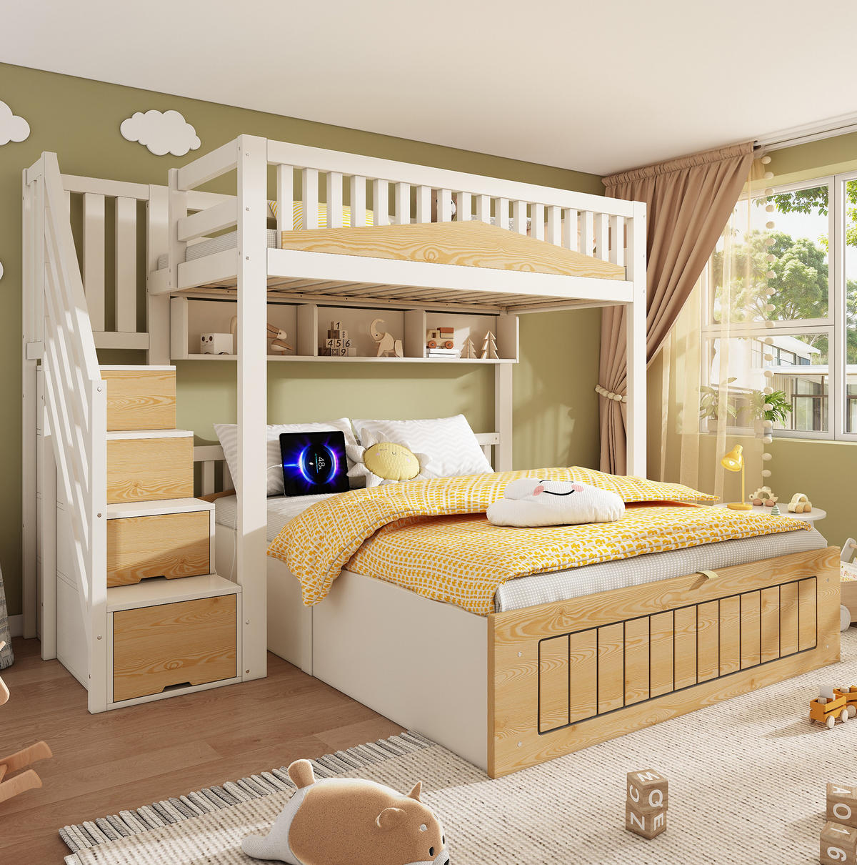 ETAGENBETT 90/140/200 cm in Weiß/Natur mit Stauraum und USB- und Type-C-Anschlüssen - Weiß, Holzwerkstoff (90/200cm) - OKMYHOME