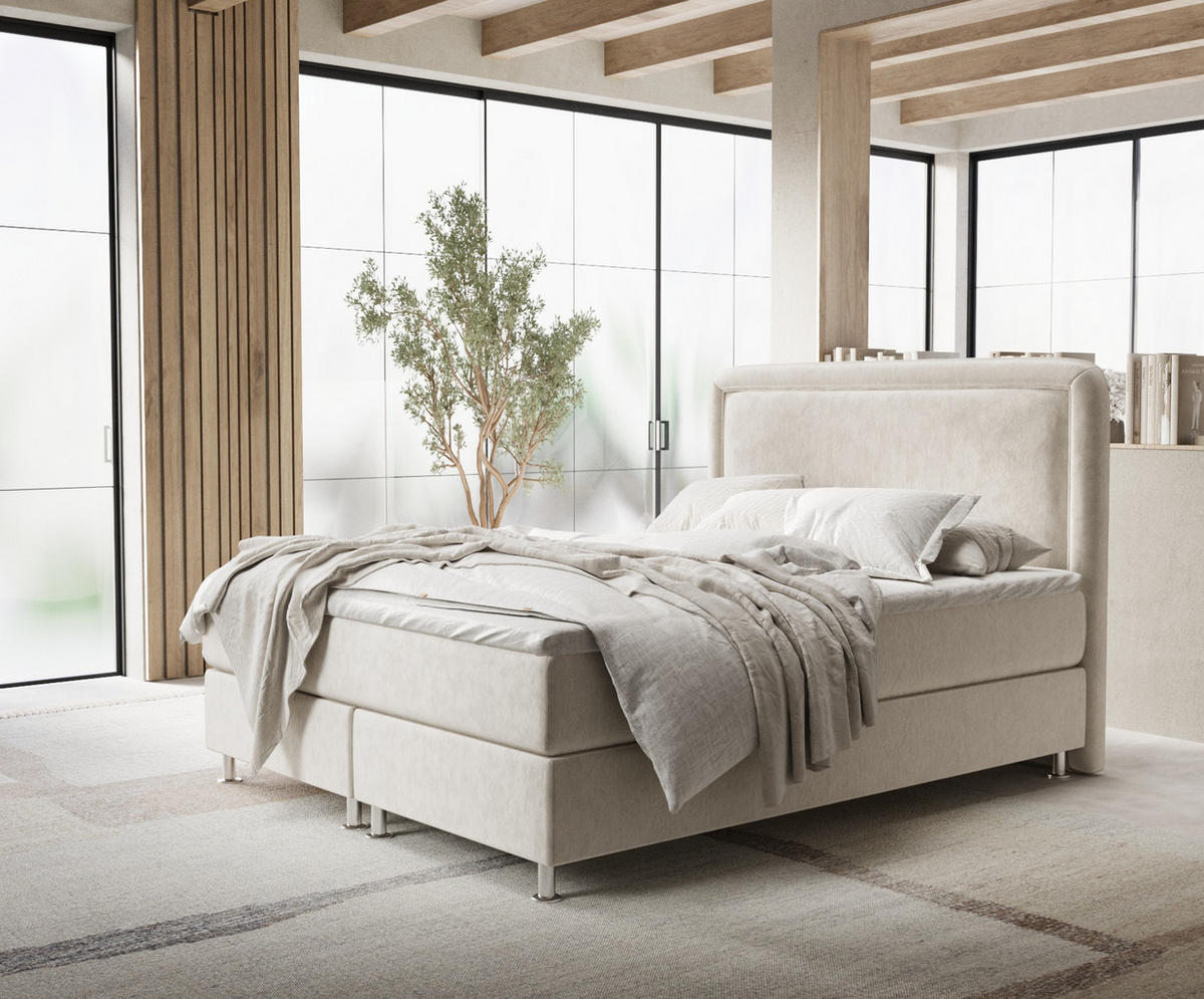 BOXBETT Salvi Ecru 140/200 cm mit Matratze und Topper - Ecru/Silberfarben, Holz/Holzwerkstoff (140/200cm) - Maison de Reve