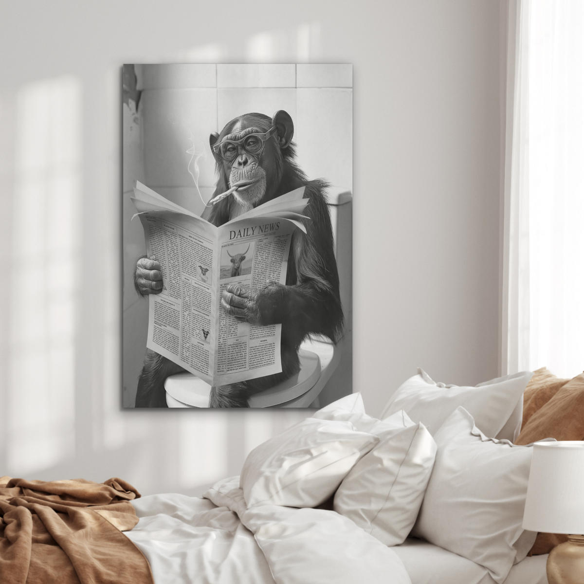 AKUSTIKPANEEL Affe - WC - Zeitung - Schwarz-Weiß - Humor 70x100 cm - Hellgrau, Textil (70/0.9/100cm) - MuchoWow