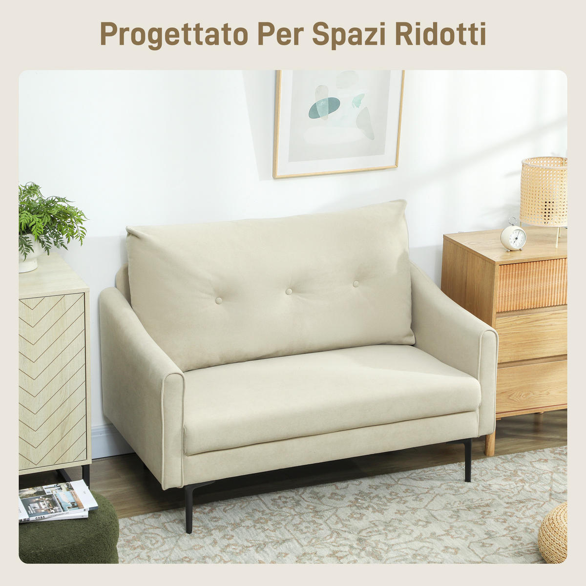SOFA, 2-Sitzer, knopfgesteppt, Samtbezug, creme, 124x73x92cm - Multicolor, Holzwerkstoff (124/92/73cm) - FORIOUS
